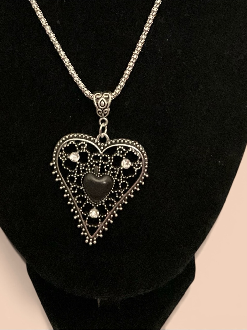 Filigree Heart Pendant Necklace in Black with Silver Accents